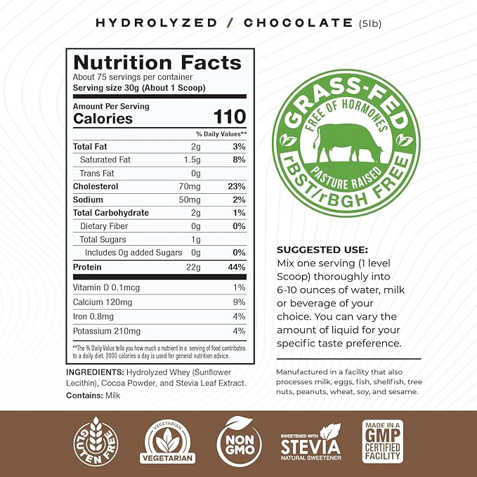 Muscle Feast Hydrolyzed Whey Protein Powder, Grass Fed and All Natural Hormone-Free, Hydro Whey Powder for Men and Women, Gluten Free, Non-GMO, Delicious Hydrolyzed Protein Powder, Chocolate, 5lb