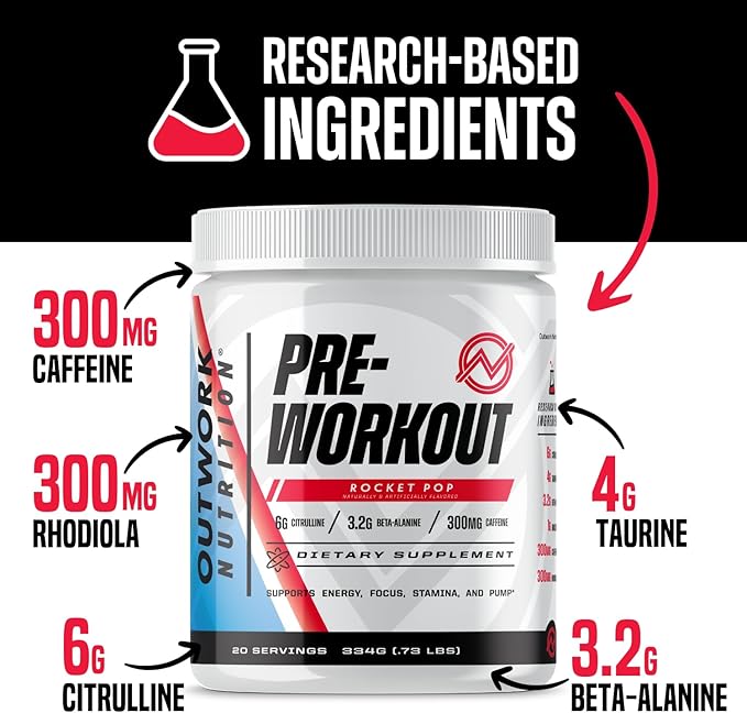 Outwork Nutrition Pre Workout Powder for Men & Women - Pre-Workout Supplements Without Creatine, Nootropic Preworkout with Citrulline Malate Beta Alanine Taurine Rhodiola Caffeine (Rocket Pop)