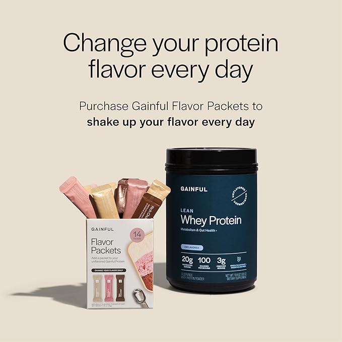 Gainful Lean Whey Protein Powder with 20g Protein per Serving, Unflavored, Supports Lean Muscle, Metabolism, and Satiety, with Green Tea Extract, Digestive Enzymes, Organic Fiber, 14 Servings