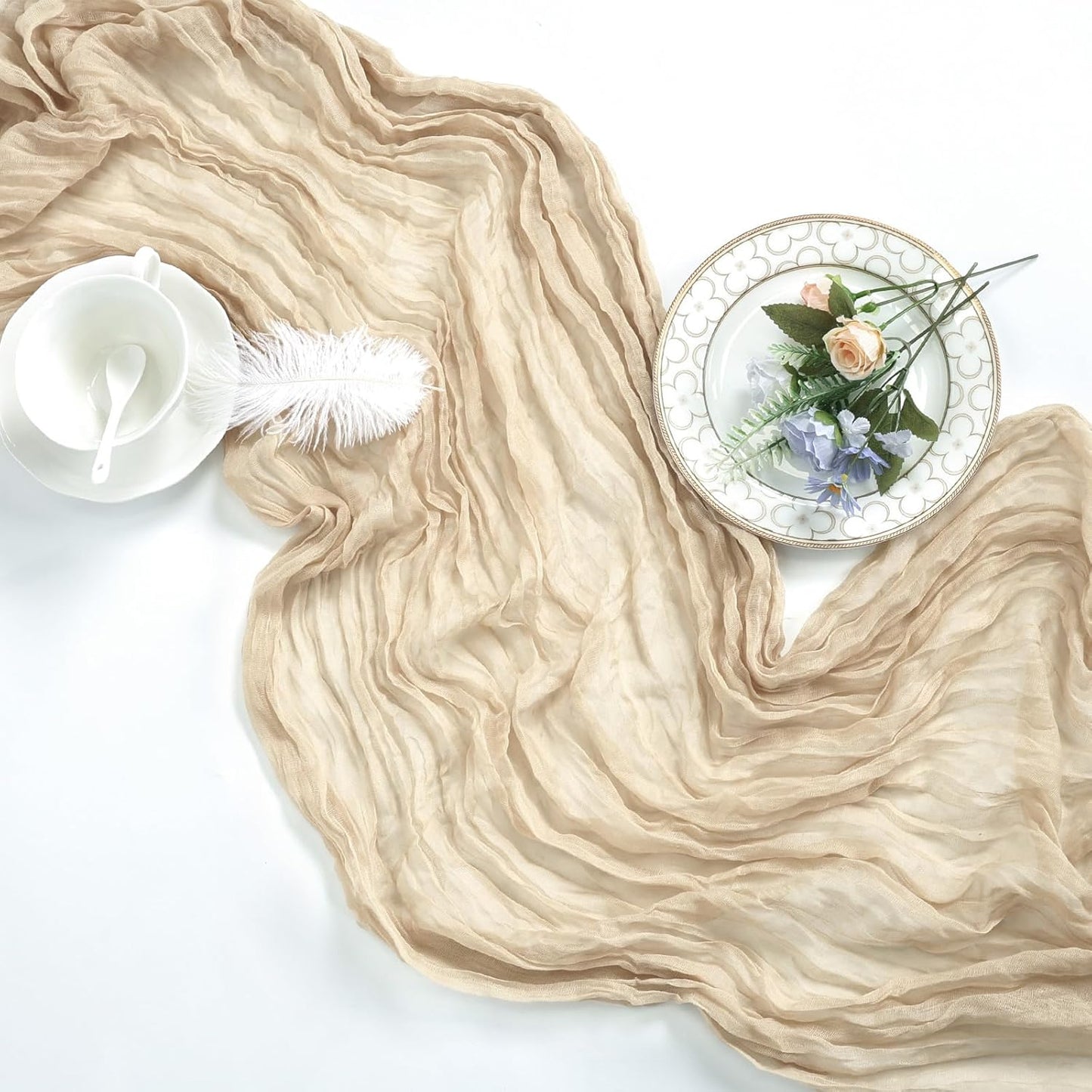 6 Pack Beige Cheesecloth Fall Table Runner 10ft Boho Gauze Fabric Cheese Cloth Table Runner 35 x 120 Inch Rustic Sheer Runner for Thanksgiving Wedding Decor Baby Shower Party Centerpiece Decoration