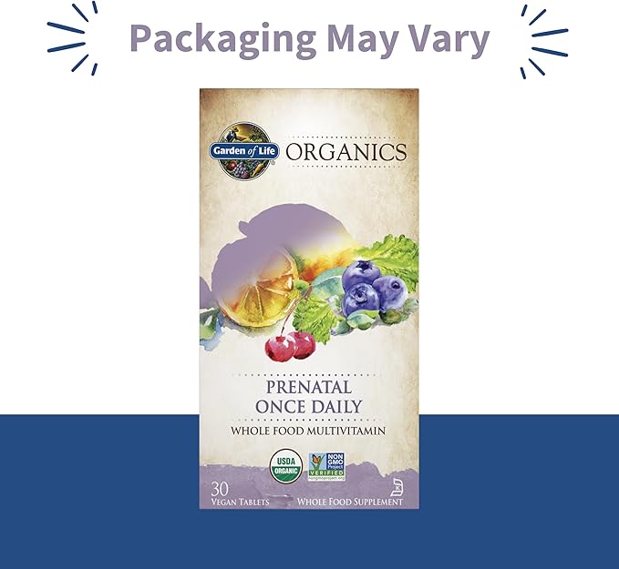 Garden of Life Organics Prenatal Vitamin: Folate for Energy & Healthy Fetal Development, Non-constipating Iron, Vitamin C, B6, B12, D3 – Organic, Non-GMO, Gluten-Free, Vegan, 30 Day Supply