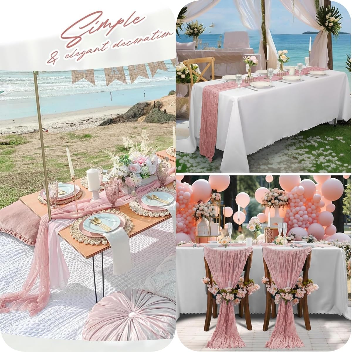 6 Pack Dusty Pink Cheesecloth Table Runner 23x120 inch Rustic Boho Gauze Table Runner 10 FT Long Sheer Cheese Cloth Fabric Table Runners for Romantic Wedding Bridal Shower Birthday Party Decor