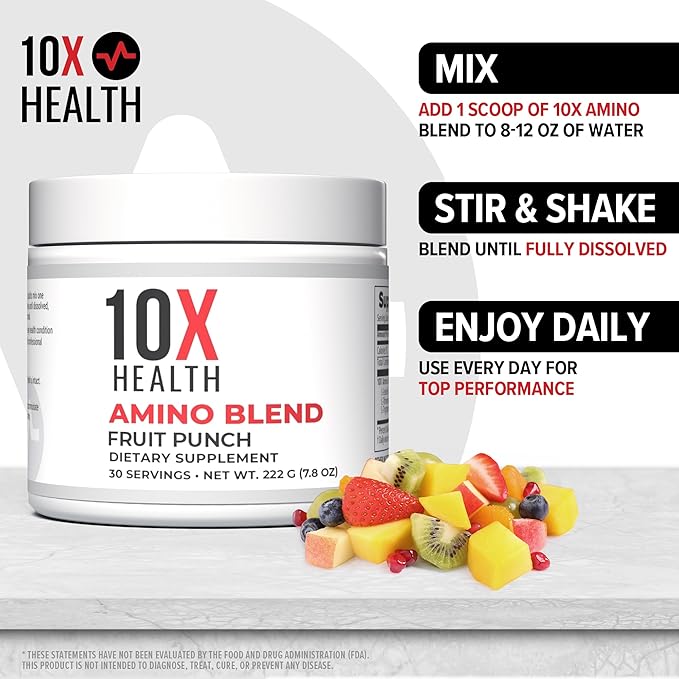 10X Health Amino Blend Pre Workout Powder for Men - Fruit Punch Flavor - EAA & BCAA Powder Amino Acids Supplement for Energy, Muscle Strength & Performance – Pre and Post Workout - 30 Servings