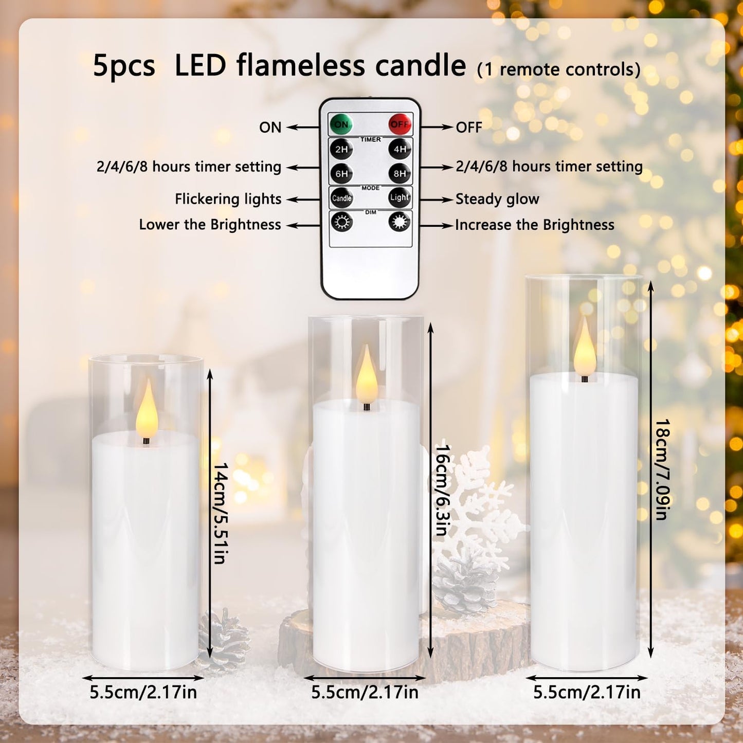 Flameless Candles,Battery Operated LED Candles Ideal for Halloween, Christmas,Home Decor,Home Party Wedding Indoor Outdoor,White 2.2X5“6”6“7”7“H