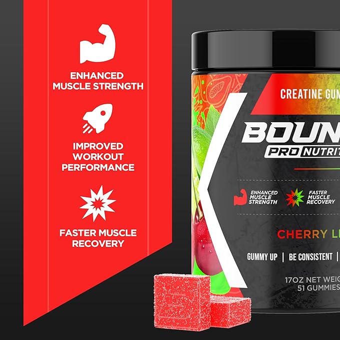 Bounce Pro Creatine Monohydrate Gummies for Men & Women, Low Calorie, 6G of Creatine per Serving, Vegan, Anti-Melting, Gluten-Free, Non-GMO, 2g of Creatine per Gummy (30ct, Cherry Lime)