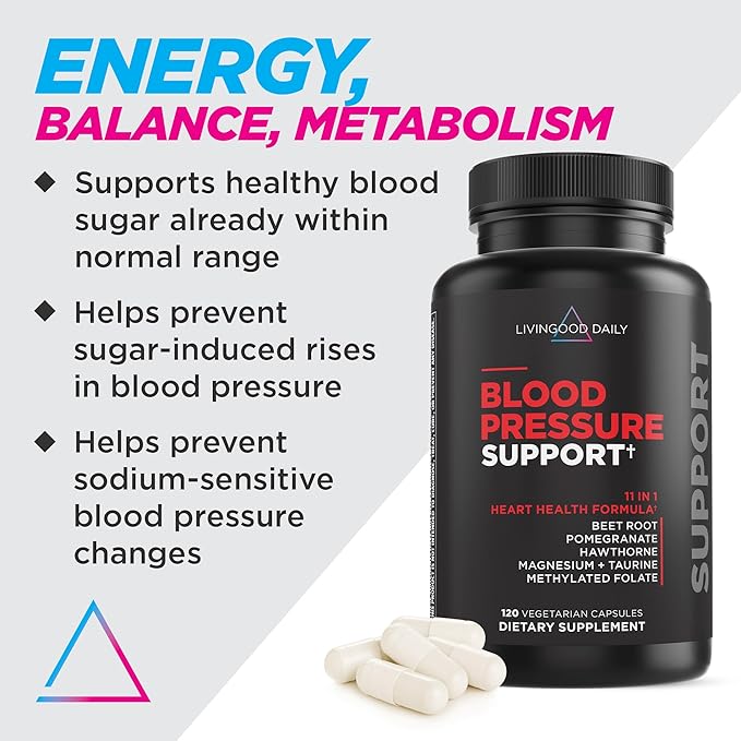 Livingood Daily Blood Pressure Support, Heart Health Supplement for Men & Women with Beet Root, Pomegranate, Hawthorn, Magnesium & Taurine, Cardiovascular Support Formula, Vegan, 120 Capsules