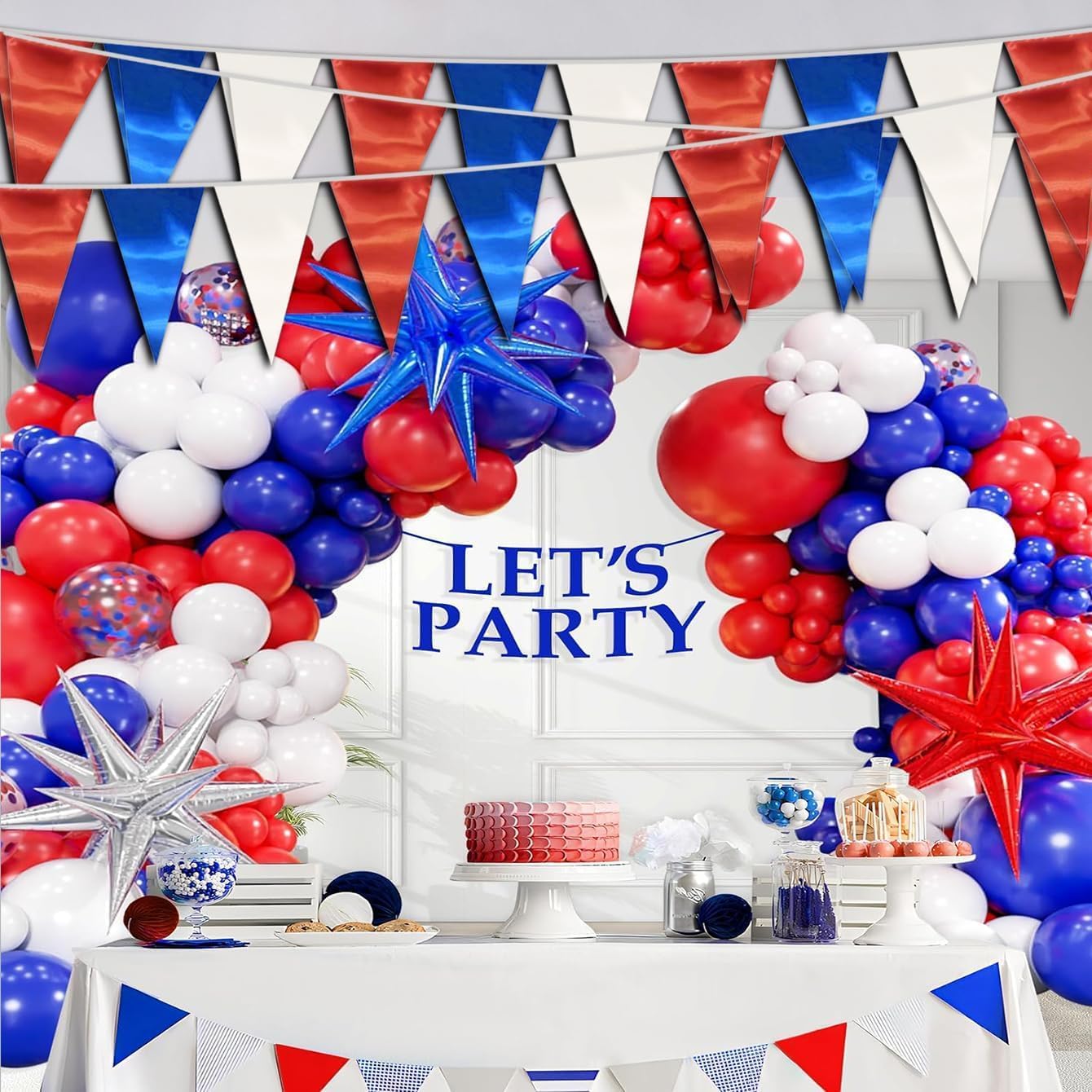 20M/65FT White Blue Red Triangle Pennant Banner Flag Metallic Fabric Bunting Garland for Christmas Graduation, Independence Day, 4th of july, Patriotic Themed Party Decoration