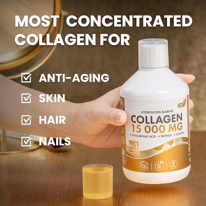 Swedish Nutra - Liquid Marine Collagen 15,000mg - 500ml I Hydrolyzed Collagen Peptides (Type I & III) I Hyaluronic Acid, Biotin, Vitamin C I Sugar Free- 20 Day Supply