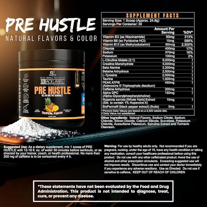 BLACKLABEL Supplements PRE Hustle V3 Pre-Workout Powder – NSF Certified for Sport – Energy, Strength & Endurance Support – Tropical Fusion Flavor – with Creatine & Caffeine – 30 Servings