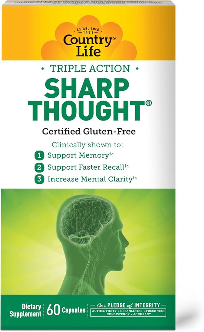 Country Life Sharp Thought - Memory & Cognitive Support Supplement – Sharp-PS Gold Phosphatidylserine + DHA – Promotes Mental Clarity & Faster Recall – Gluten-Free, 60 Capsules