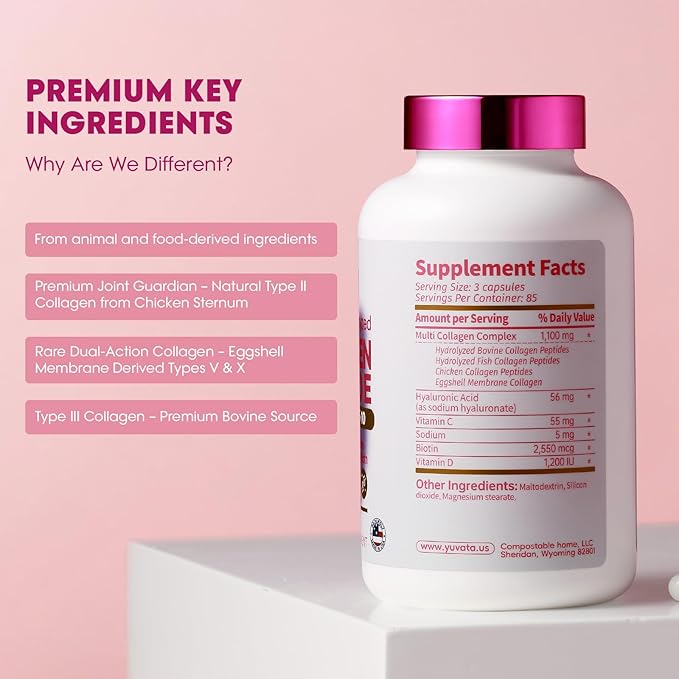 Collagen PEPTIDE+HyaluronicAcid,Multi Collagen Complex Supplements for Women or Men | Multi Collagen Capsules Peptides for Skin,Hair,Nails,Joint,Wrinkles (255 Capsules, 3 Capsules Per Day)