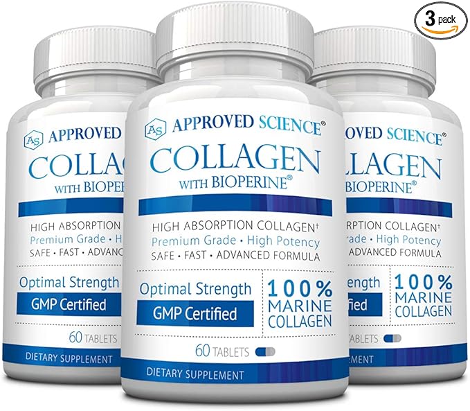Approved Science Collagen Pills - Absorbable Marine Collagen Types I and III - 180 Tablets - Healthy Hair and Skin - Vitamin C, Sodium, and Bioperine for Fast Results - Non-GMO, Made in USA