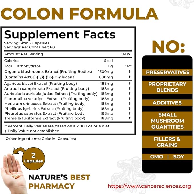 Cancer Sciences Colon Wellness Supplement, USDA Certified Organic Mushrooms Extract, Extra Strength 1,500 mg, High Potency 40% Beta-Glucans, Immune, Gut & Digestive, Colon Cleanse & Detox, 120 Caps