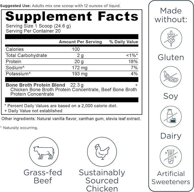 Ancient Nutrition Grass Fed, Cage Free, Bone Broth Protein Powder, 20g Protein, Hydrolyzed Collagen Peptides, Keto & Paleo Friendly, Supports Joint, Gut Health, Vanilla, 20 Servings