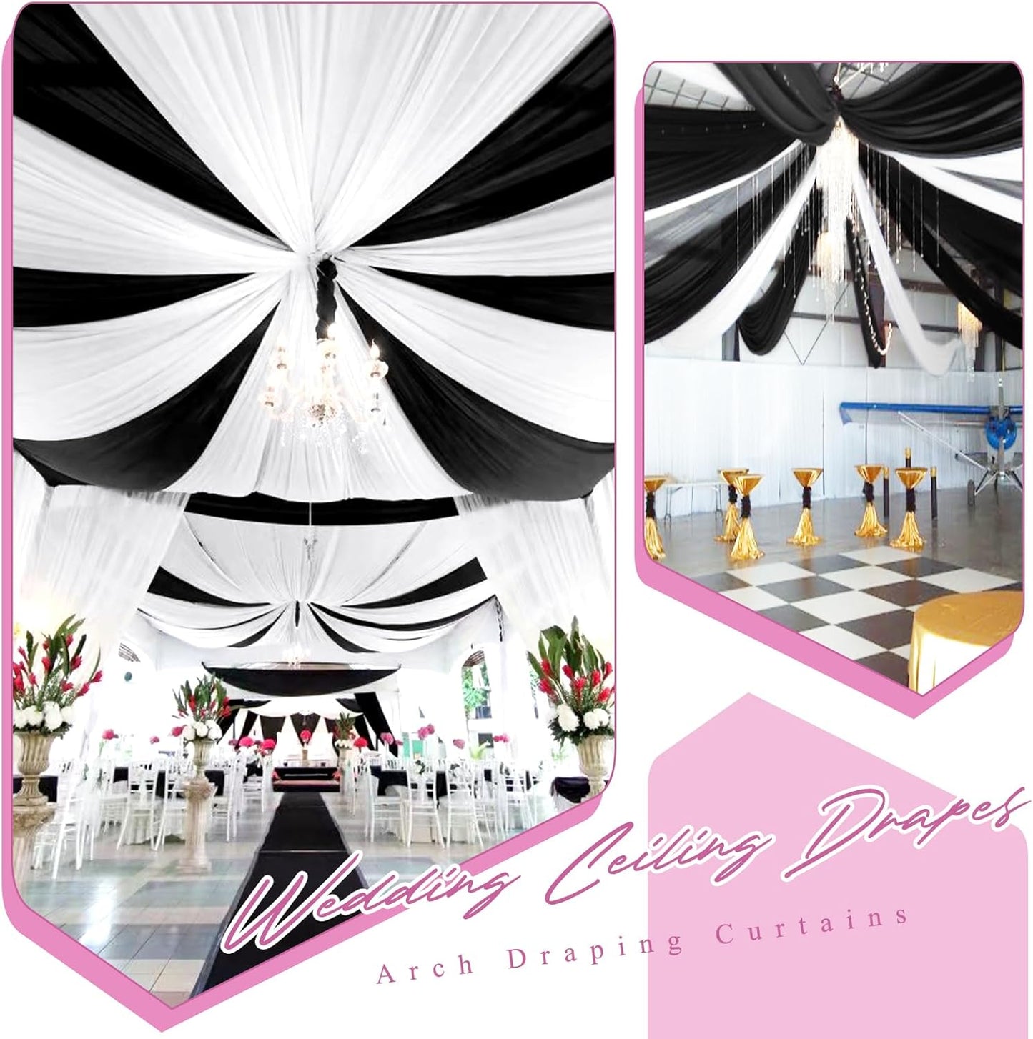 6 Panels Black Ceiling Drapes for Wedding 5ftx40ft Sheer Drapery Chiffon Fabric Arch Draping Curtains for Party Ceremony Birthday Baby Shower Reception Stage Ceiling Decorations