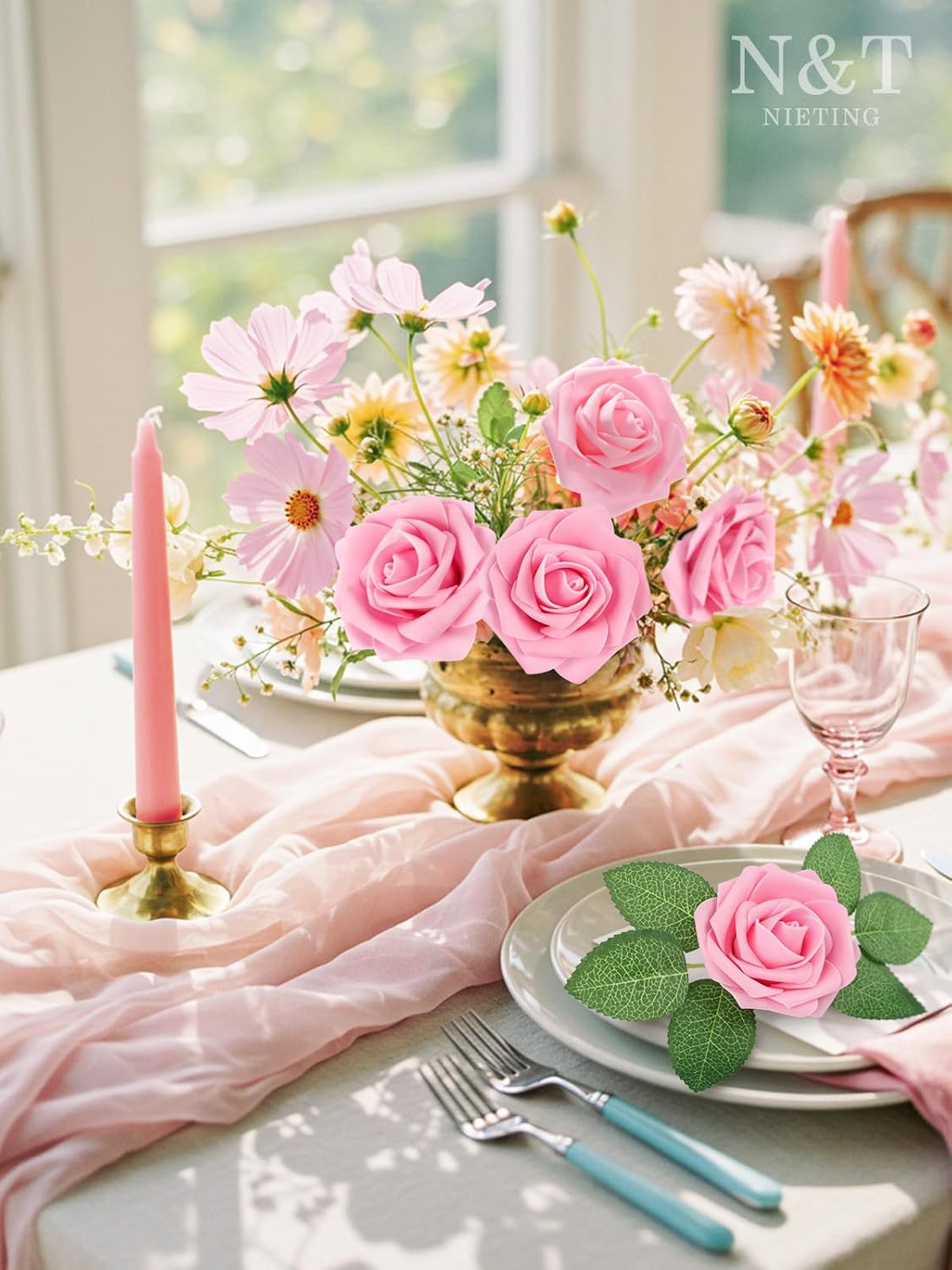 N&T NIETING Artificial Flowers Pink Roses, 50Pcs Fake Flowers Foam Roses with Stems for DIY Wedding Bridesmaid Bridal Bouquets Centerpieces Party Home Decoration Baby Shower