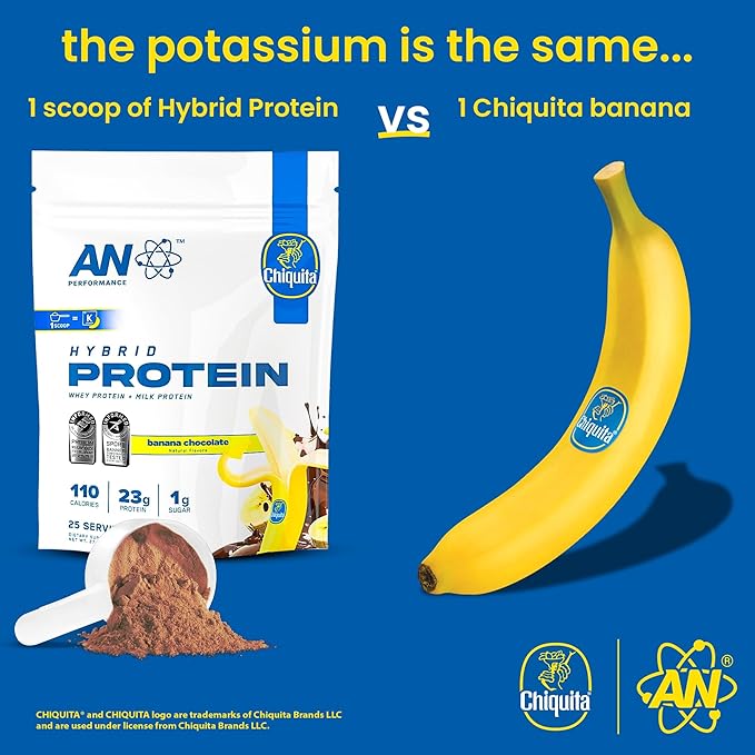 AN Performance Whey Protein Powder | Chiquita Banana Chocolate | 23g Protein, 1g Sugar, 100% Whey | Gluten-Free, Low Carb, Low Fat | Keto Friendly | Essential Amino Acids for Muscles | 25 Servings