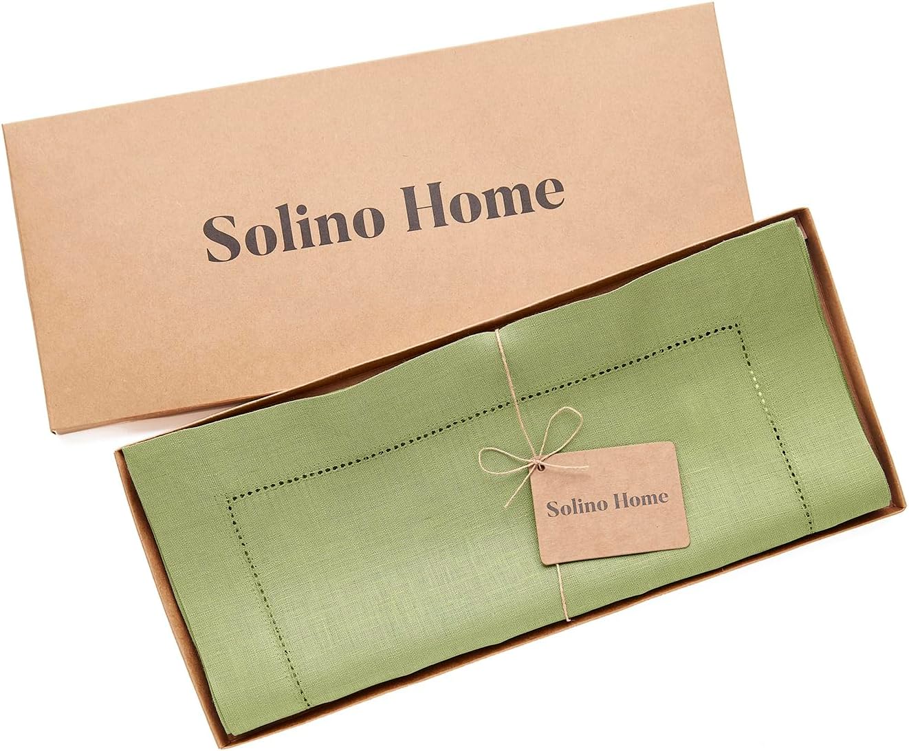 Solino Home Linen Moss Green Table Runner 144 Inches Long - 100% Pure Linen Extra Long Table Runner 14 x 144 Inch for Fall, Autumn, Thanksgiving - Classic Hemstitch