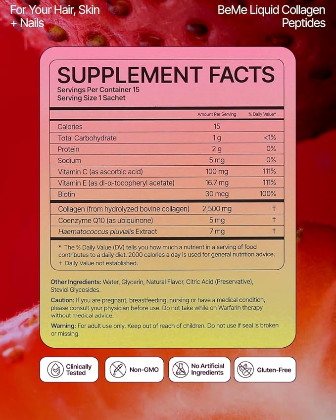BeMe Liquid Collagen Drink for Radiant Skin, Strong Hair & Nails – VERISOL Collagen Peptides with Biotin, CoQ10 & Vitamin C – 98% Bioavailability for Fast Results – Beauty Supplement (30 Sachets)
