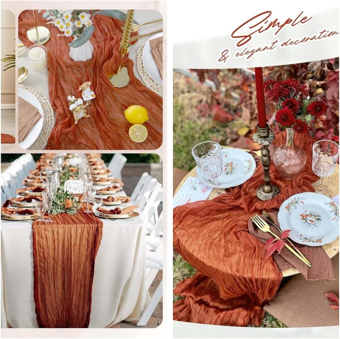 6 Pack Terracotta Cheesecloth Table Runner 23x120 inch Rustic Boho Gauze Table Runner 10 FT Long Sheer Cheese Cloth Fabric Table Runners for Romantic Wedding Bridal Shower Birthday Party Decor