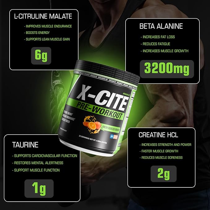 X-CITE Pre-Workout by ATHLEAN-X - Enhanced Formula with Beta-Alanine, Creatine & Caffeine for Energy, Endurance, Focus & Muscle Pump, NSF Certified for Sports (22 Servings, Fresh Squeezed Orange)