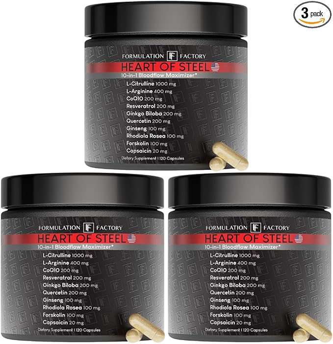 Heart of Steel 10 in 1 Metabolic Maximizer Nitric Oxide Supplement, Blood Pressure Support, L Arginine, L Citrulline, Natural Pre-Workout - Energy Management 360 Count (Pack of 3)