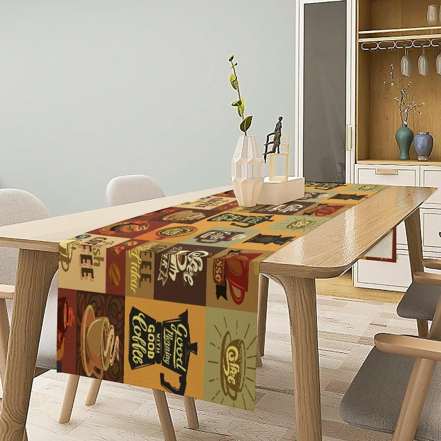 Coffee Table Runner,Vintage Style Coffee Beans Cups Theme Design Pattern Print Tablecloth Burlap for Hotel Indoors Outdoor Dining Room Kitchen Holiday Party, 13x60in