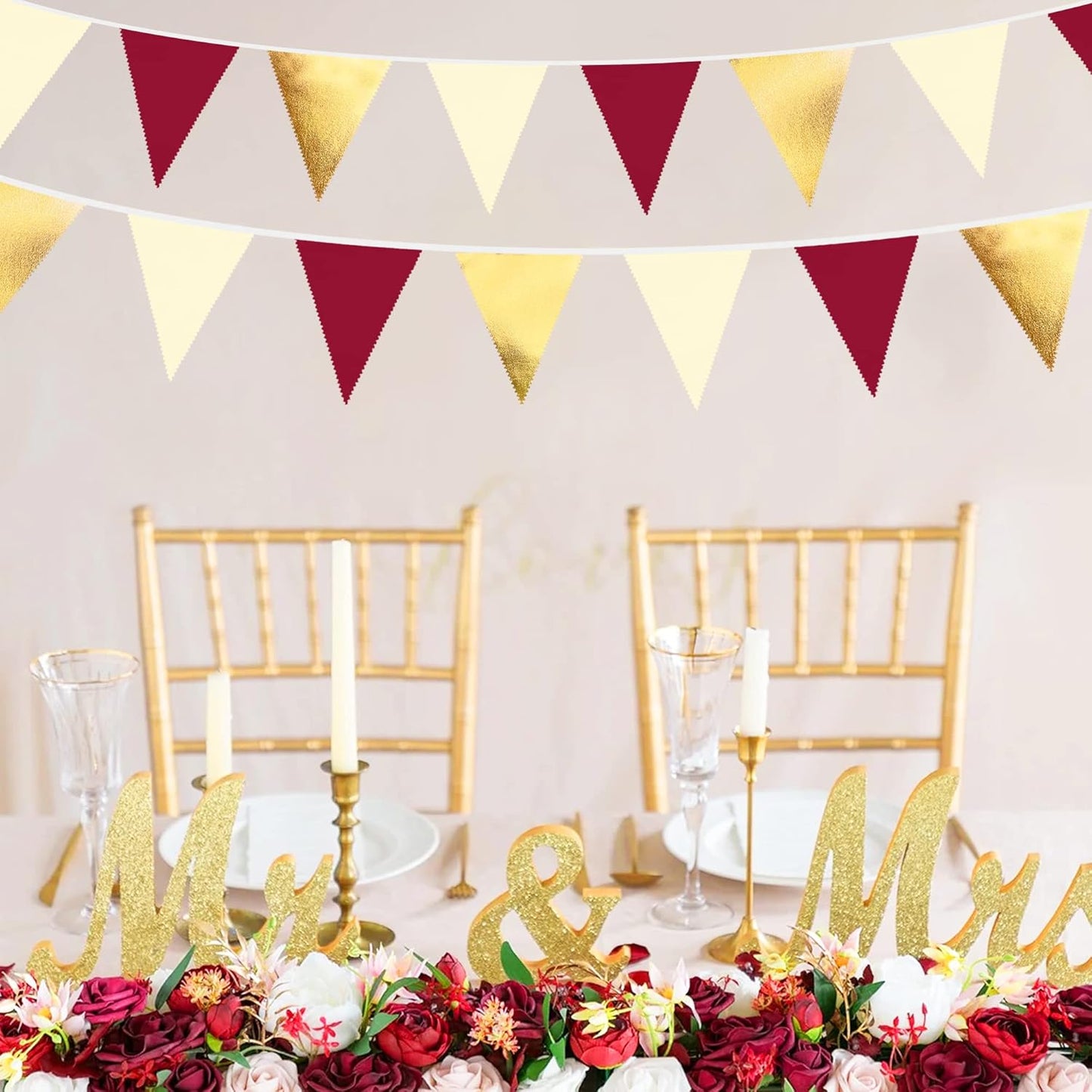 Burgundy Party Decorations Gold Maroon Beige Fabric Triangle Pennant Banner Garnet Flag Bunting Garland for Graduation Wedding Birthday Bridal Shower Bachelorette Anniversary Engagement Party Supplies