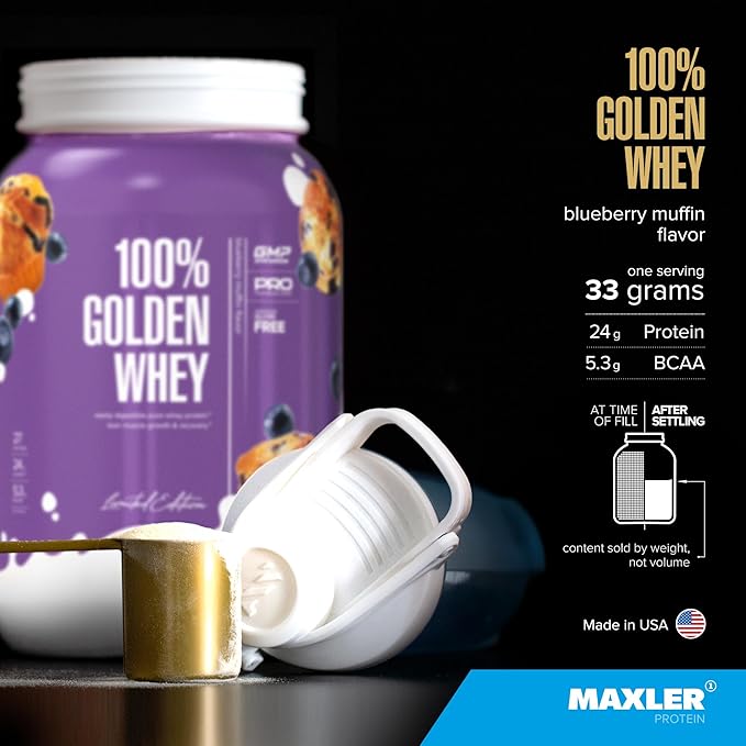 Maxler 100% Golden Whey Protein - 24g of Protein per Serving - Premium Whey Protein Powder for Pre Post Workout - Fast-Absorbing Whey Concentrate, Isolate & Hydrolysate Blend - Blueberry Muffin 2 lb