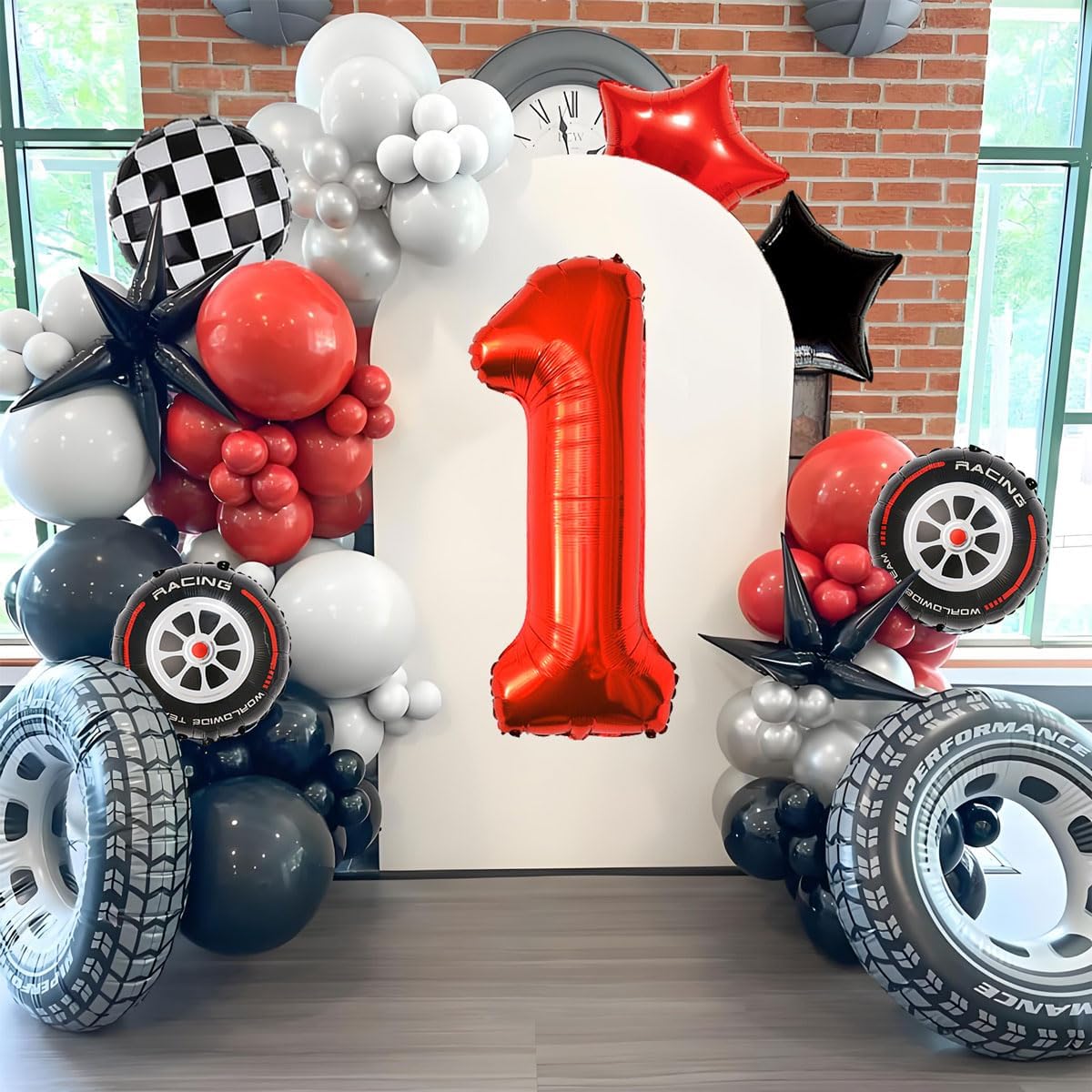 Race Car Birthday Party Decorations - 40 Inch Mylar Red Number 1 Balloons - Black Foil Checkered Race Car Balloons for 1st Birthday Race Cars Themed Party Decorations