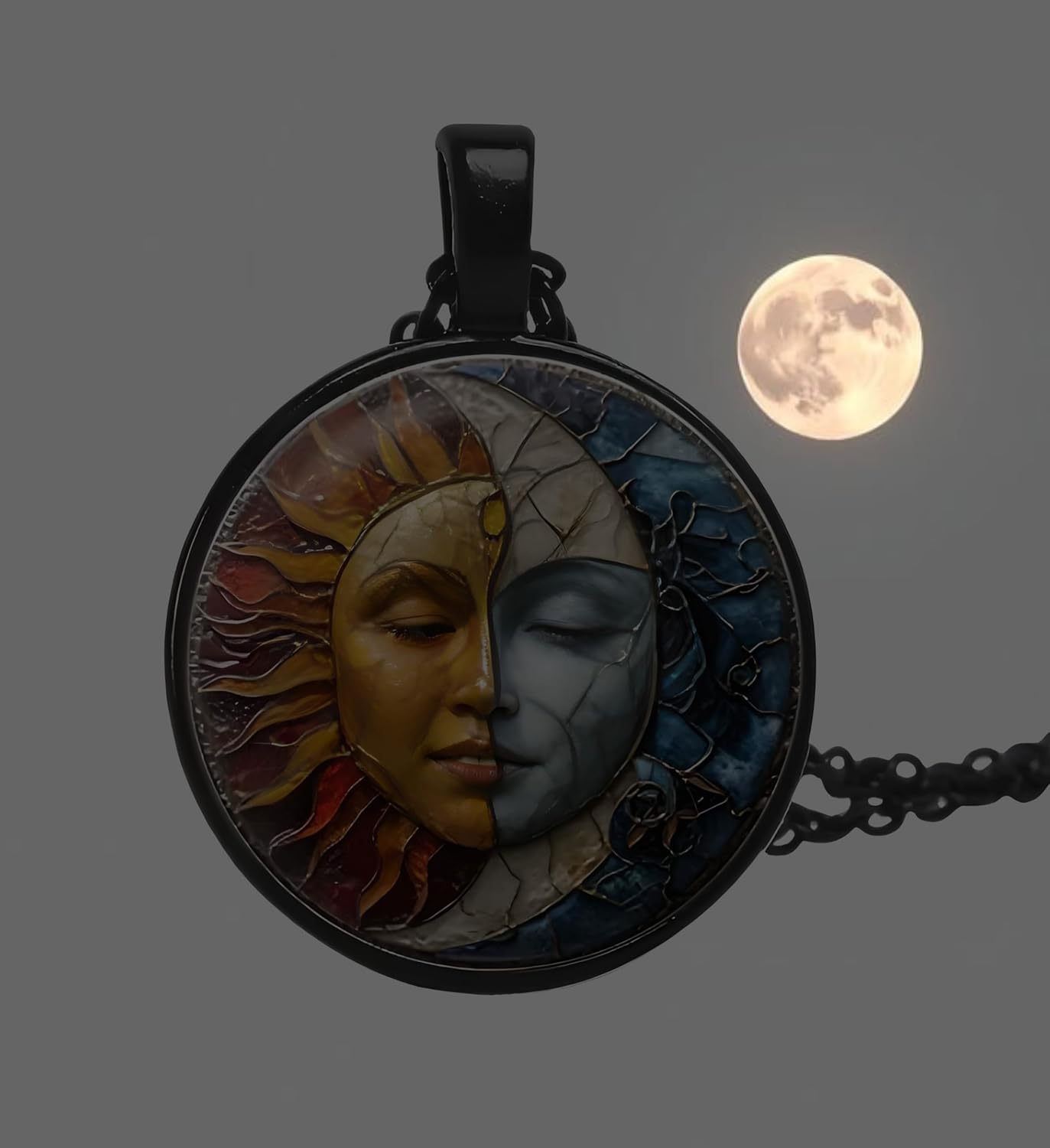 1pc Stunning Round Pendant Necklace - Unique Sun & Moon Pattern, Oil Painting Style Glass Mosaic, Alloy Construction, Trendy Sweater Chain, Fashionable Gift for Women - Christmas or Birthday Gift