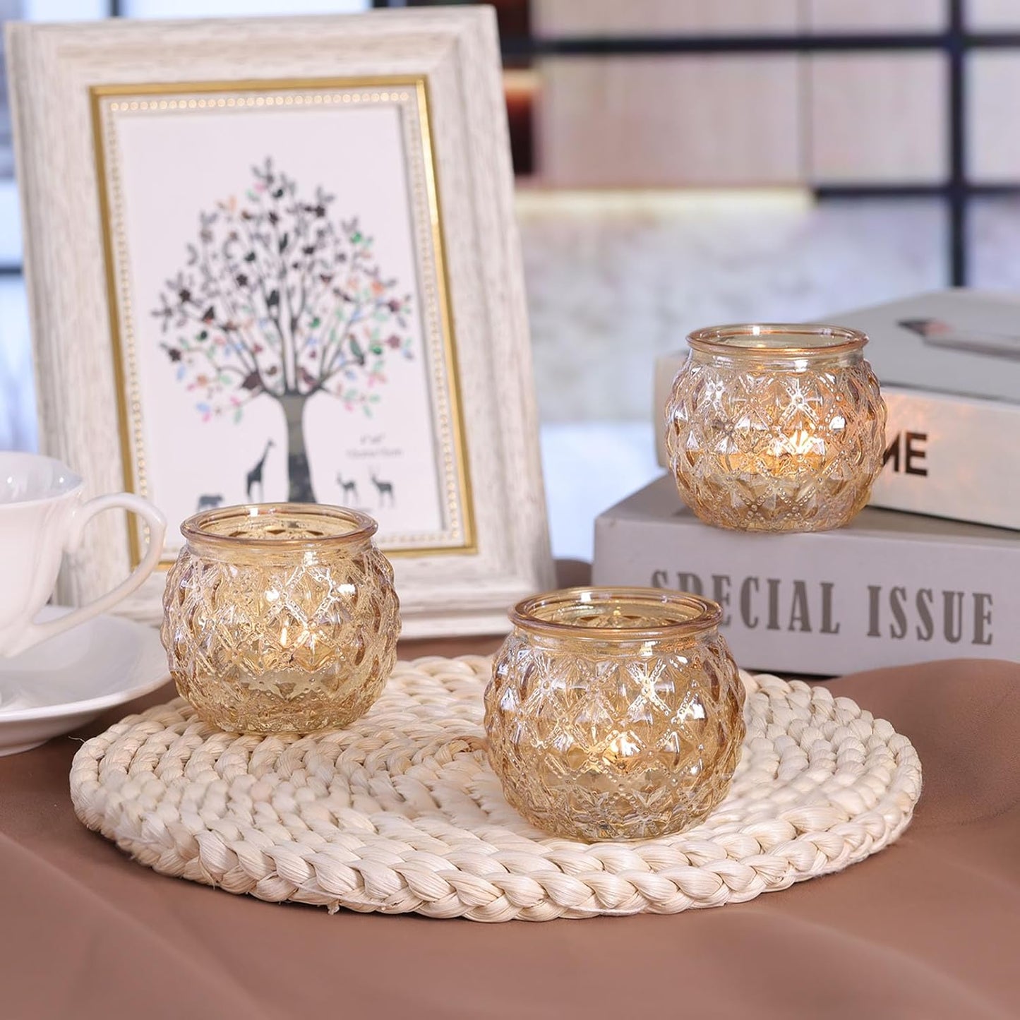DARJEN 12Pcs Gold Glass Candle Holders - Round Tea Light Holders for Table Centerpiece, Wedding Shower, Party, Home Decor
