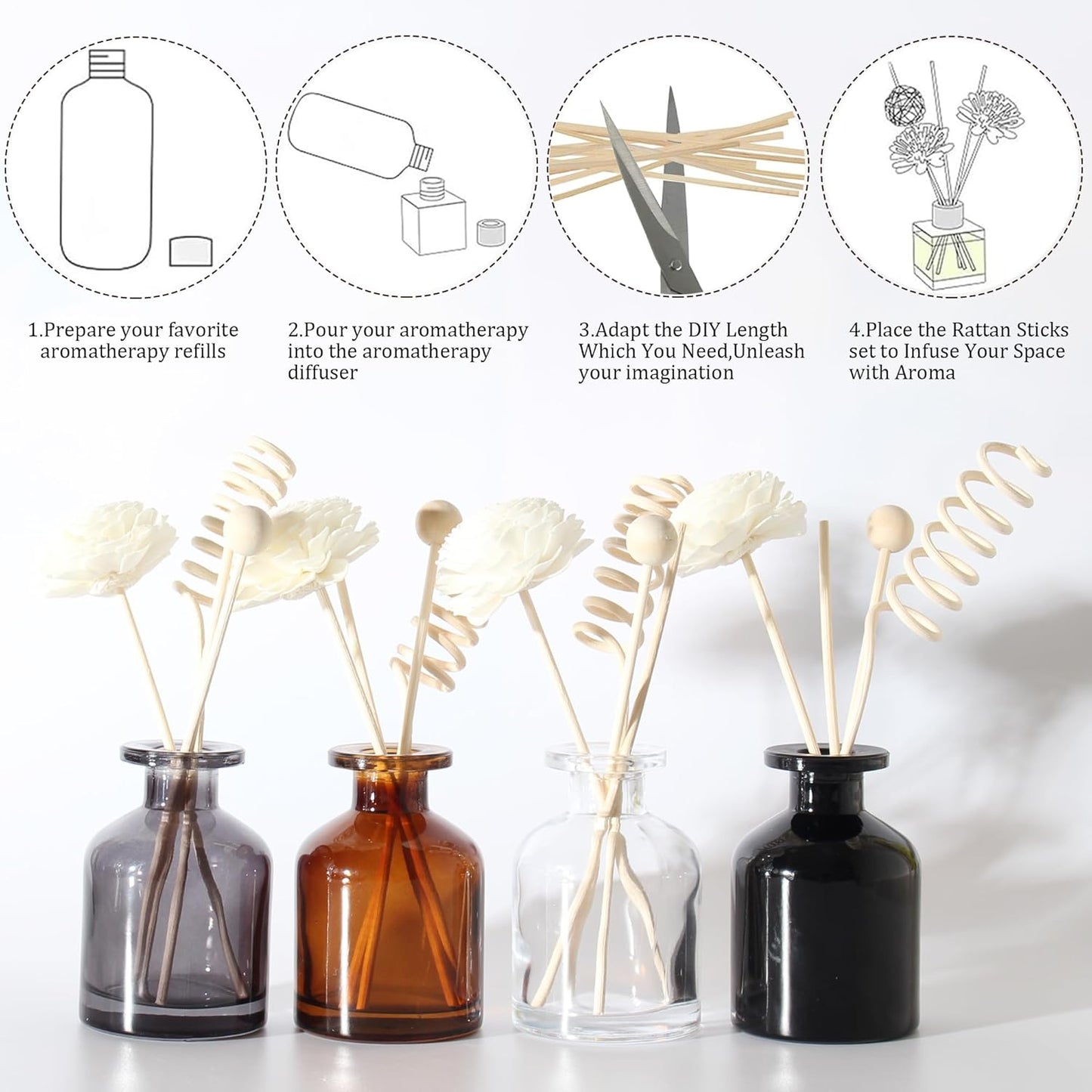 4Pcs Fragrance Glass Diffuser Bottles, Refillable Diffuser Bottles with 16 pcs Reed Diffuser Sticks and Caps, Diffuser Jars for Home Oil Fragrance Decoration Girl Women Gift (4 Color 100ML)