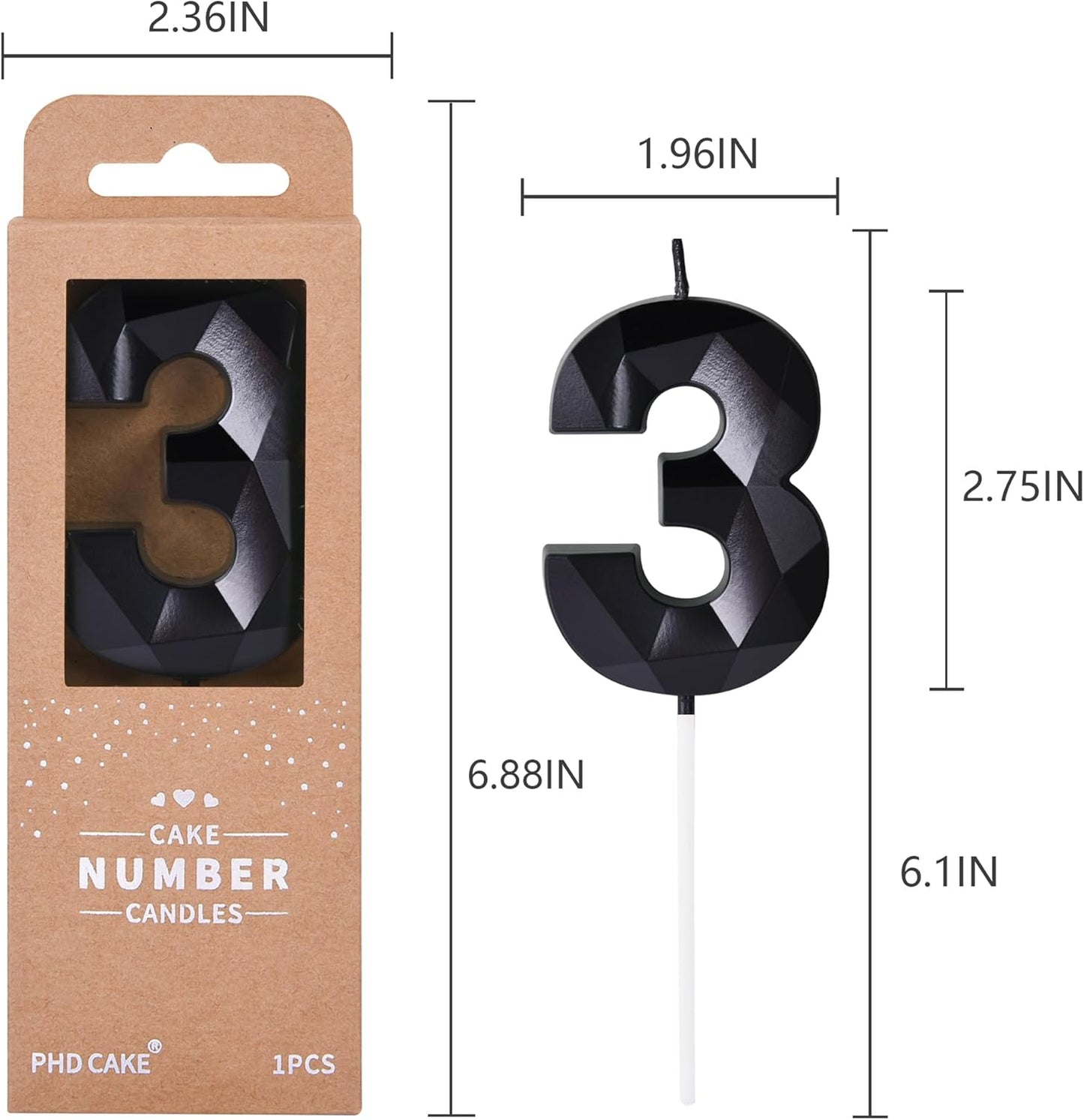 PHD CAKE 2.76 Inch Crystal Black 3 Number Birthday Candles, Red Number Candles, Cake Number Candles, Party Celebration