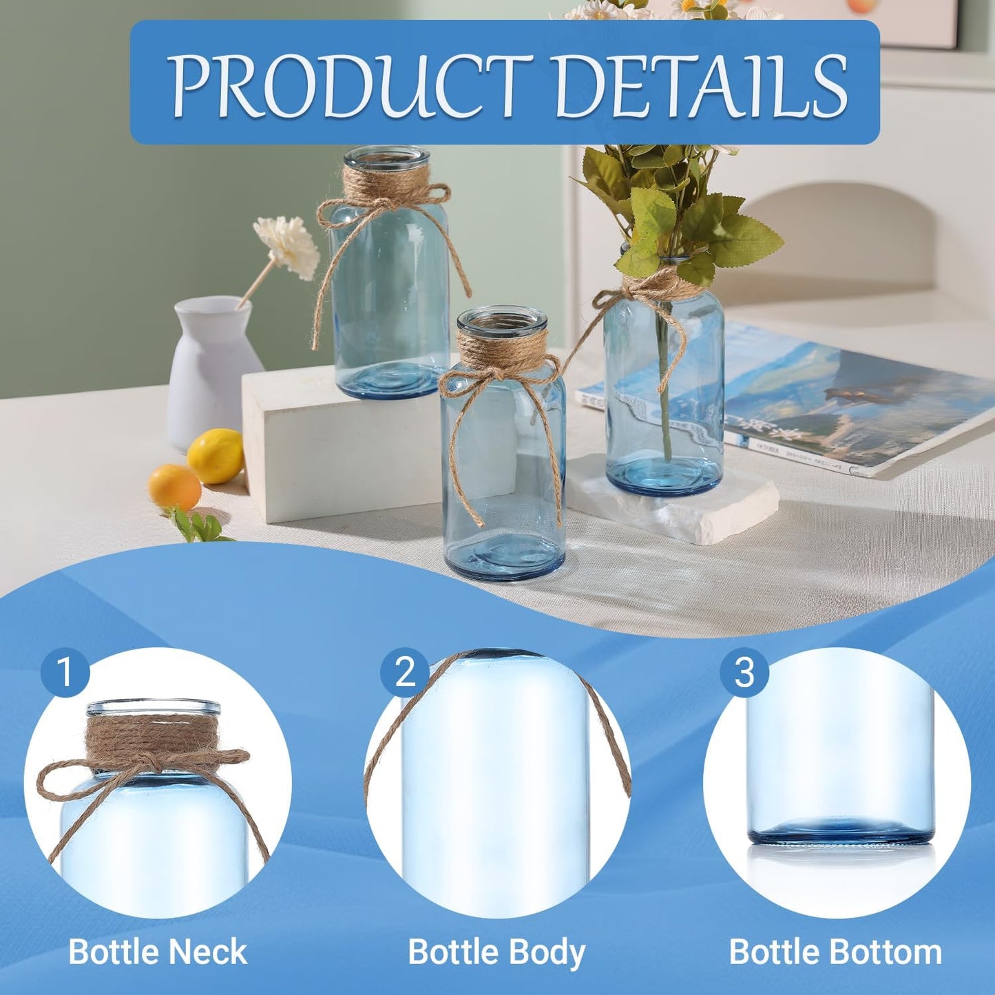 Blue Glass Flower Vases for Centerpieces Set of 6, Mason Jars Boho Cylinder Bud Vases in Bulk, for Weddings Parties Vintage Home Decor