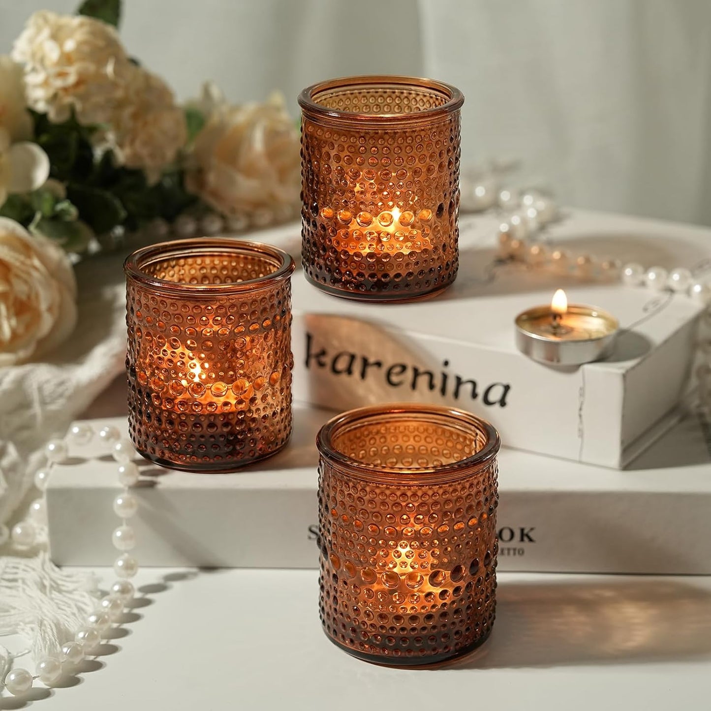 36pcs Amber Votive Candle Holders for Fall Decor, Glass Small Tea Lights Candle Holders for Table Centerpiece for Home Decor Party Fall Boho Decor (Amber)