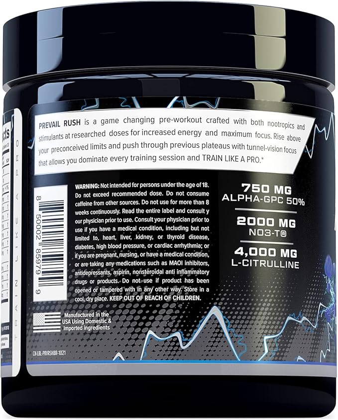 Cutler Nutrition High Stim Pre Workout Powder Prevail Rush Preworkout for Men & Women for Intense Pumps Energy and Focus with Caffeine NO3T Betaine and Dynamine | Sour Blue Razz (20 Servings)