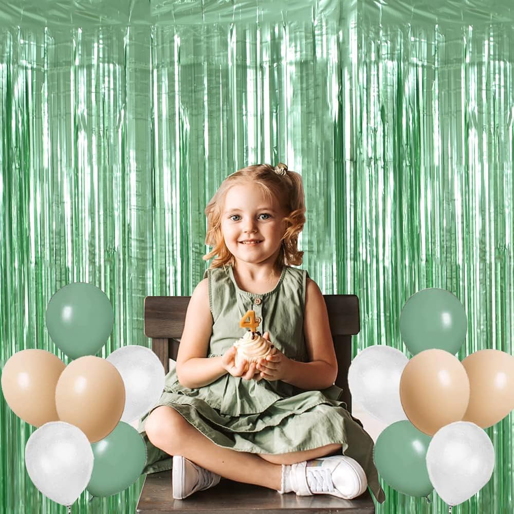BEISHIDA 2 Pcs Light Green Door Streamers Tinsel Curtain Party Backdrop Fringe Foil Wall Background for Birthday Halloween Christmas Wedding Boys Babyshower Party Decoration(3.28 ft x 6.56 ft)