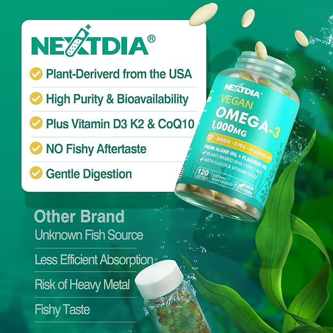 Vegan Omega 3 DHA EPA ALA Supplement with 5000IU Vitamin D3 K2 (MK7), CoQ10 for Women Men | Fish Oil Alternative | Plant Based Algae Oil Omega 3 1000mg Pills for Bone, Brain, Eye, Skin | 120 Softgels