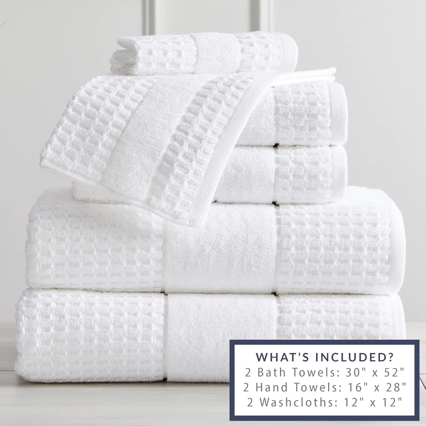 100% Cotton Super Soft Luxury Towel Set | Quick-Dry and Highly Absorbent | Waffle Textured | 550 GSM | 2 Bath Towels, 2 Hand Towels, & 2 Washcloths | Harper Collection (White)