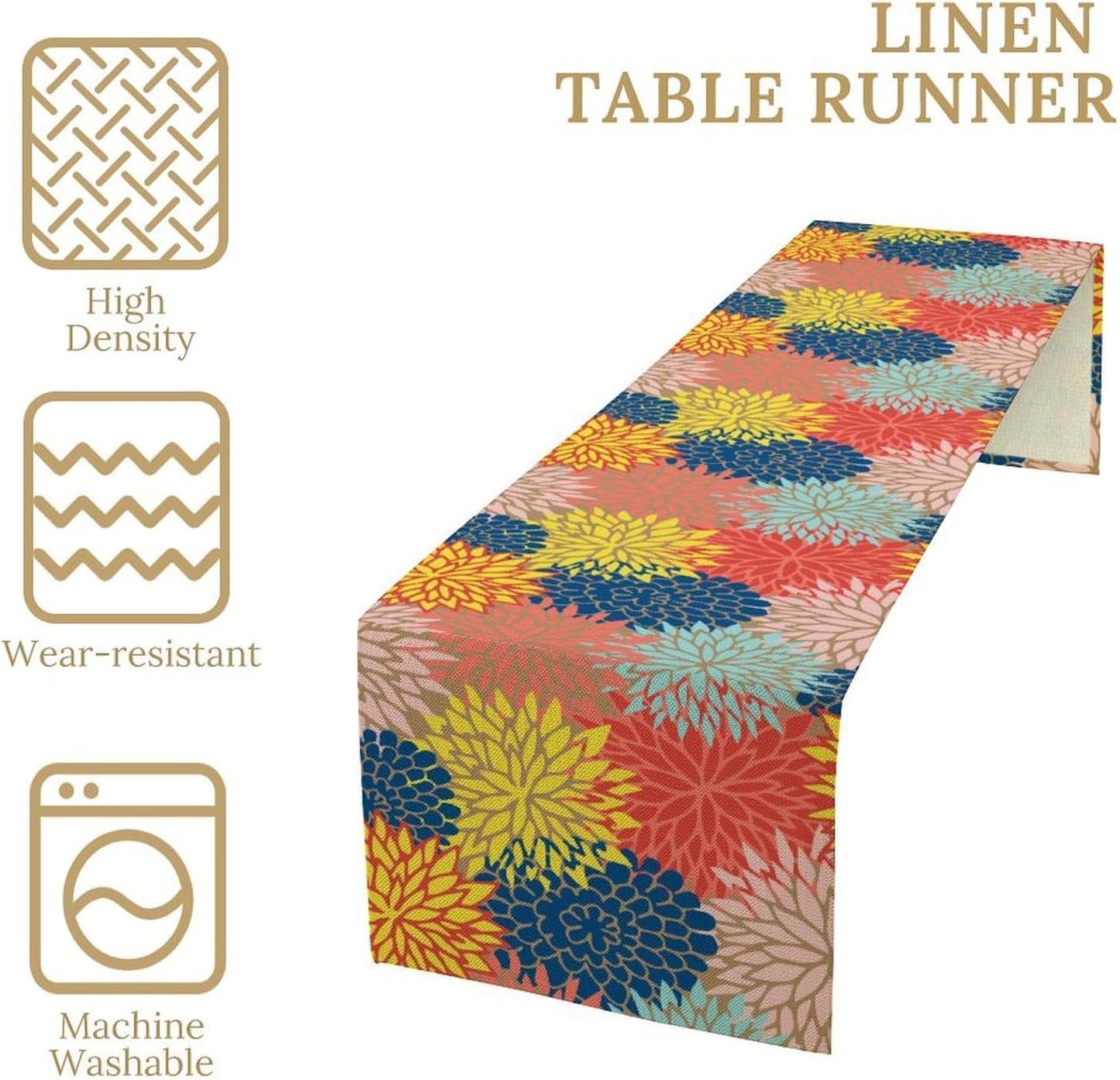 Dahlia Flowers Table Runner Colorful Floral Teal Grey Pink Yellow Blue Abstract Table Runner Kitchen Dining Party Decor Living Room, 13x120 Inch