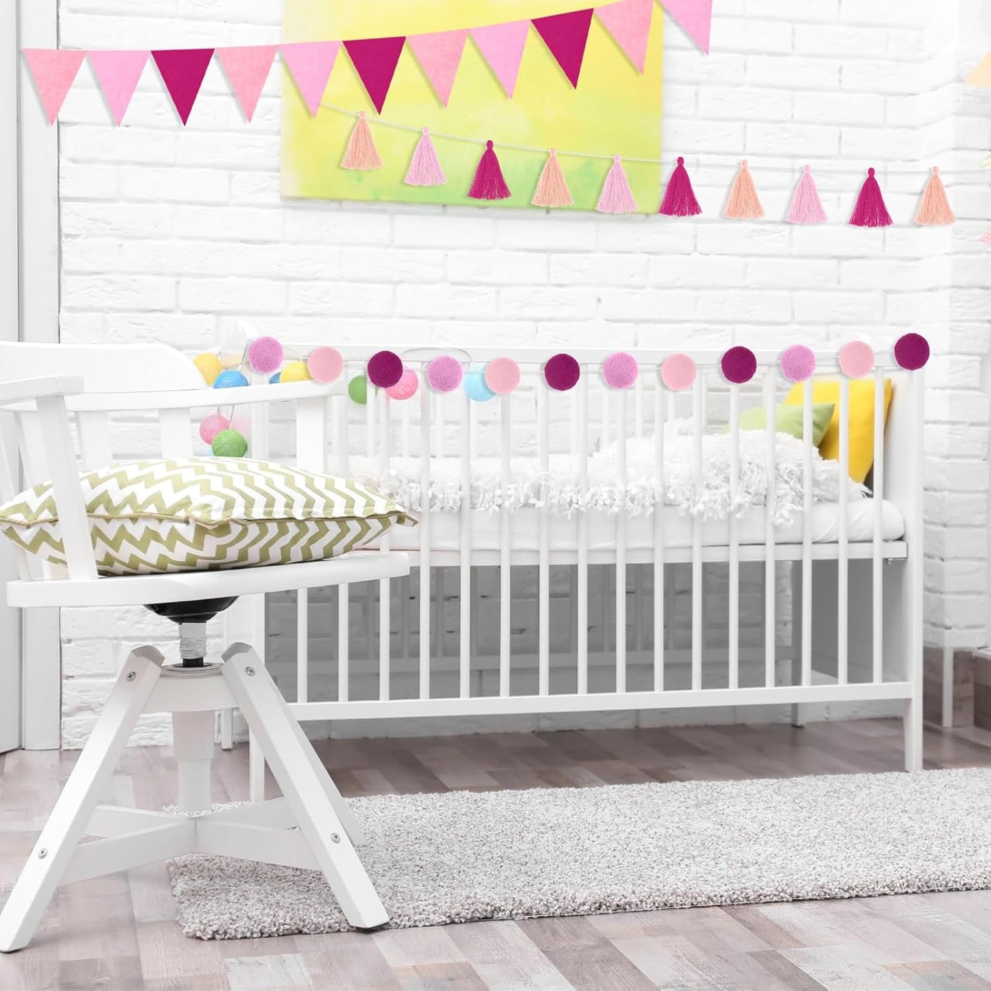 Irenare 9.8 ft Pom Pom Garland Felt Colorful Tassel Banner Christmas Party Pompoms Garland Decorations Felt Pennant Banner for Classroom Home Mantel Fireplace Birthday(Pink)