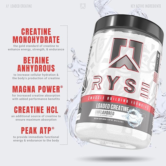 RYSE Loaded Creatine for Men & Women - Unflavored - Muscle Building Formula with 3 Forms of Electrolytes, Betaine Anhydrous and Peak ATP - Strength, Power & Endurance Support - 30 Servings