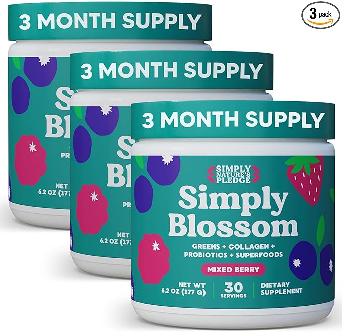 Simply Blossom Nutrition - Daily Greens & Superfood Powder + Collagen + Probiotics for Women's Digestive Health & Bloating Relief. Help Your Health Bloom - 3 Month Supply