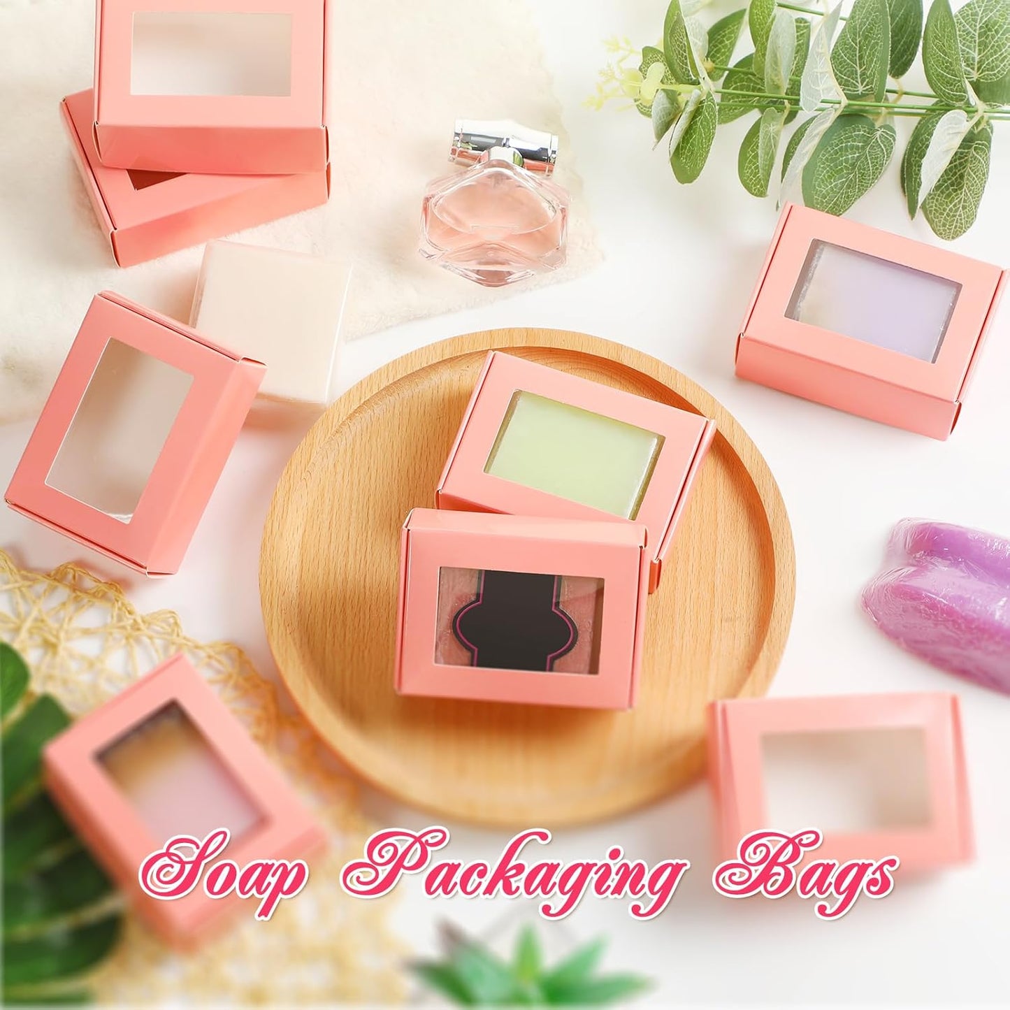 Zonon 30 Pcs Soap Boxes for Homemade Packaging, Mini Kraft Treat Boxes with Window for Bakery Candy Soap Making Gift Packaging(3.5 x 2.4 x 1.2 Inch,Pink)