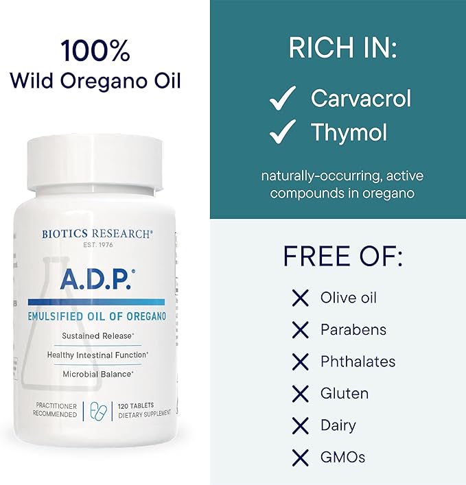 Biotics Research A.D.P. Emulsified Oil of Oregano Tablets for GI Health -Sustained Release for High Absorption Contains Carvacrol, Wild Oregano Oil 50mg/S - Patented Formula -Non GMO –120 Tablets