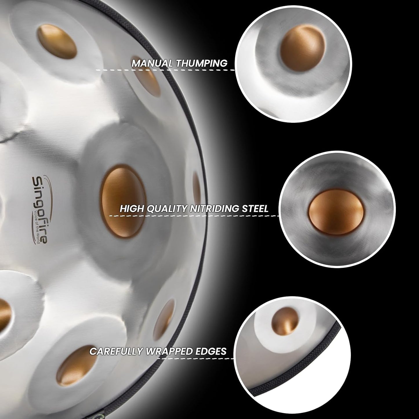 "SINGOFIRE" 10-Notes Handpan Drum, Handpan Drums for Adults, 22-Inch 440Hz D Minor Kurd Handpan, HandPan Instrument with Soft Handpan Bag, 2 Mallets, Handpan Stand and Dust-Free Cloth(Gold Eye)