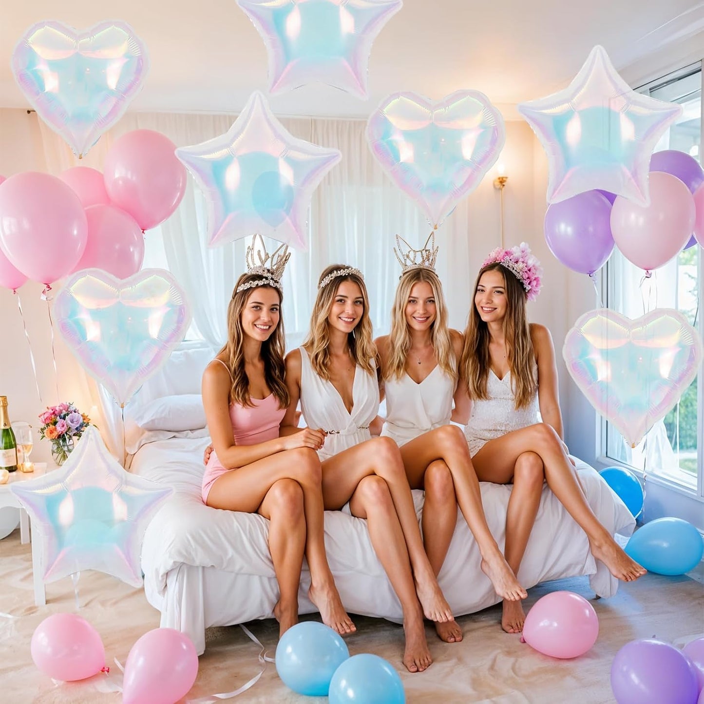 9Pcs Iridescent Foil Balloons, 18in Heart Star Iridescent Balloons Large Holographic Clear Foil Balloon for Birthday Baby Shower Mermaid Rainbow Bachelorette Wedding Party Decorations