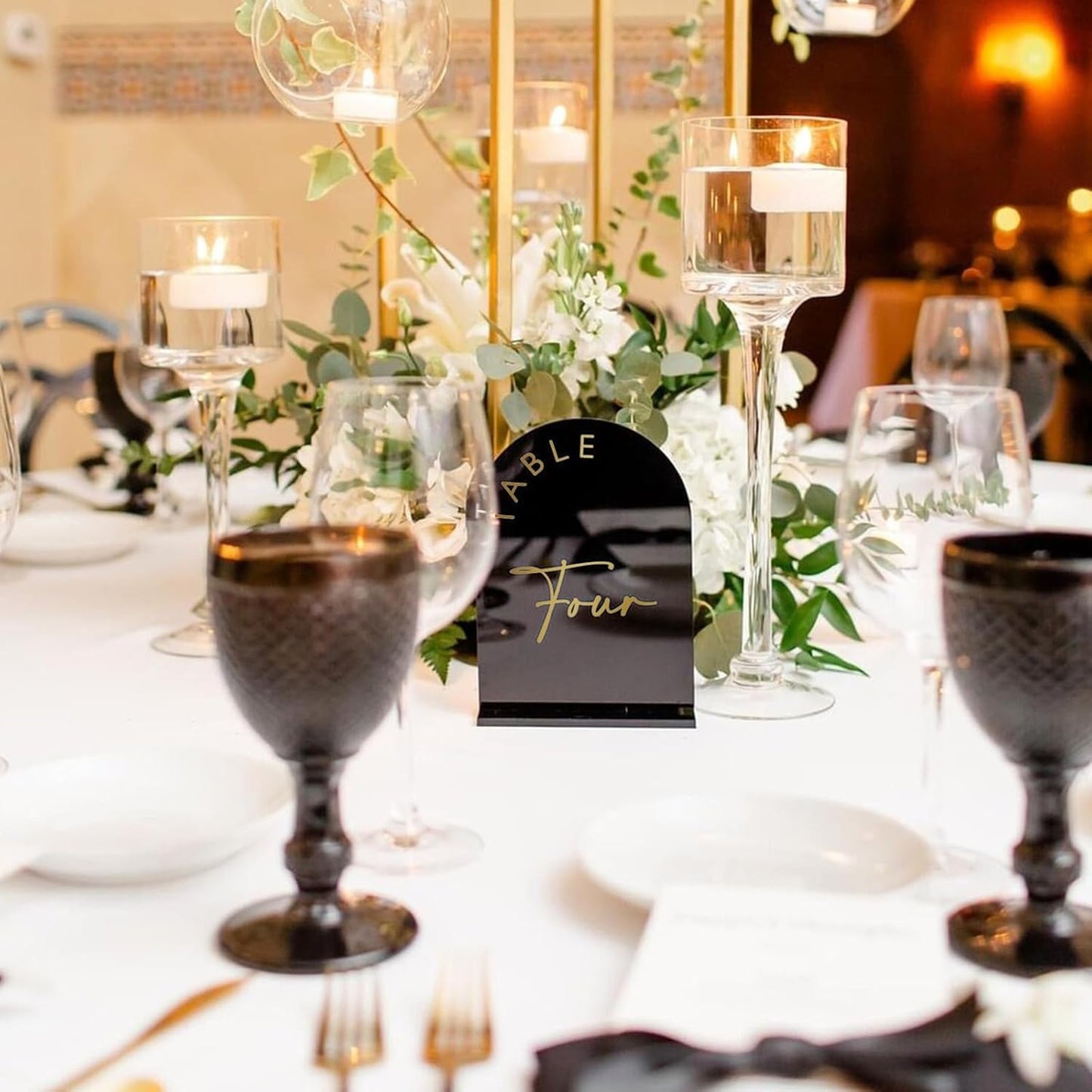 Black Arch Wedding Table Numbers 1-20 with Stands, 5x7 Inch Black Arch Acrylic Sign with Gold Letters, Acrylic Table Numbers for Wedding Reception
