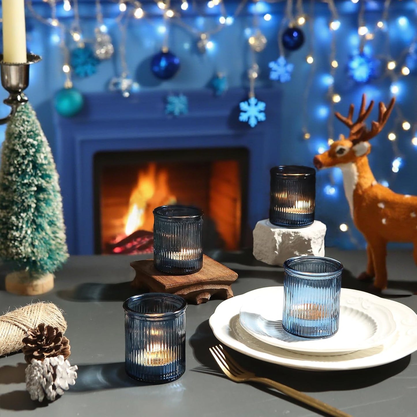 36pcs Votive Candle Holders, Blue Glass Votives Ribbed Tea Light Candle Holders Bulk for Baby Shower, Tea Lights Candles Holder for Home Party Wedding Decoration & Gift